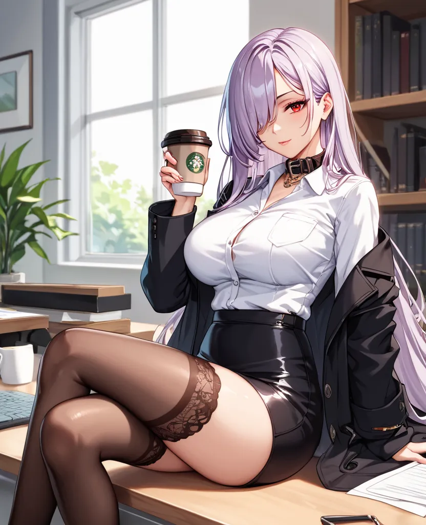 score_9, score_8_arriba, score_7, score_6,    source    _    animated, 1mature_ Female, Only 1 woman  ,   flirty look,   light purple hair  ,   very long hair  ,   hair over one eye , Red eye,  black dog collar ,   white shirt, black coat, long coat, black...