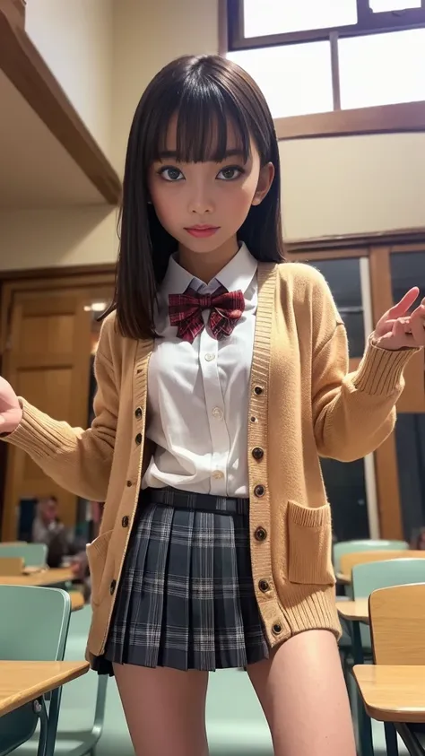 (( white collared shirt))、((Red bow tie))、((camel colored cardigan ))、(( black plaid pleated skirt ))、(( micro mini skirt with short ruthless eyes))、(( White Baggy Socks ))、 loafers、(( stand straight ))、 standing、 Classroom Background 、 Gold、Medium breast、...