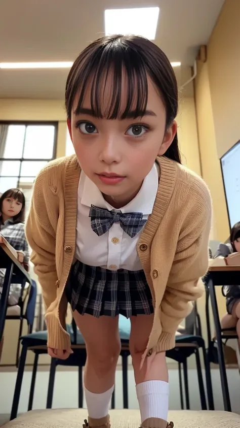 (( white collared shirt))、((Red bow tie))、((camel colored cardigan ))、(( black plaid pleated skirt ))、(( micro mini skirt with short ruthless eyes))、(( White Baggy Socks ))、 loafers、(( stand straight ))、 standing、 Classroom Background 、 Gold、Medium breast、...