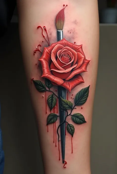 Create a tattoo where the design of a rose and a brush are mixed