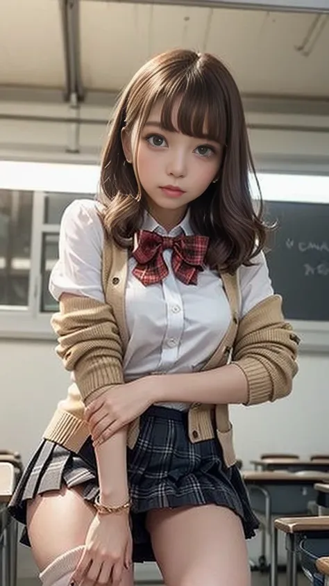 (( white collared shirt))、((Red bow tie))、((camel colored cardigan ))、(( black plaid pleated skirt ))、(( micro mini skirt with short ruthless eyes))、(( White Baggy Socks ))、 loafers、(( stand straight ))、 standing、 Classroom Background 、 Gold、Medium breast、...