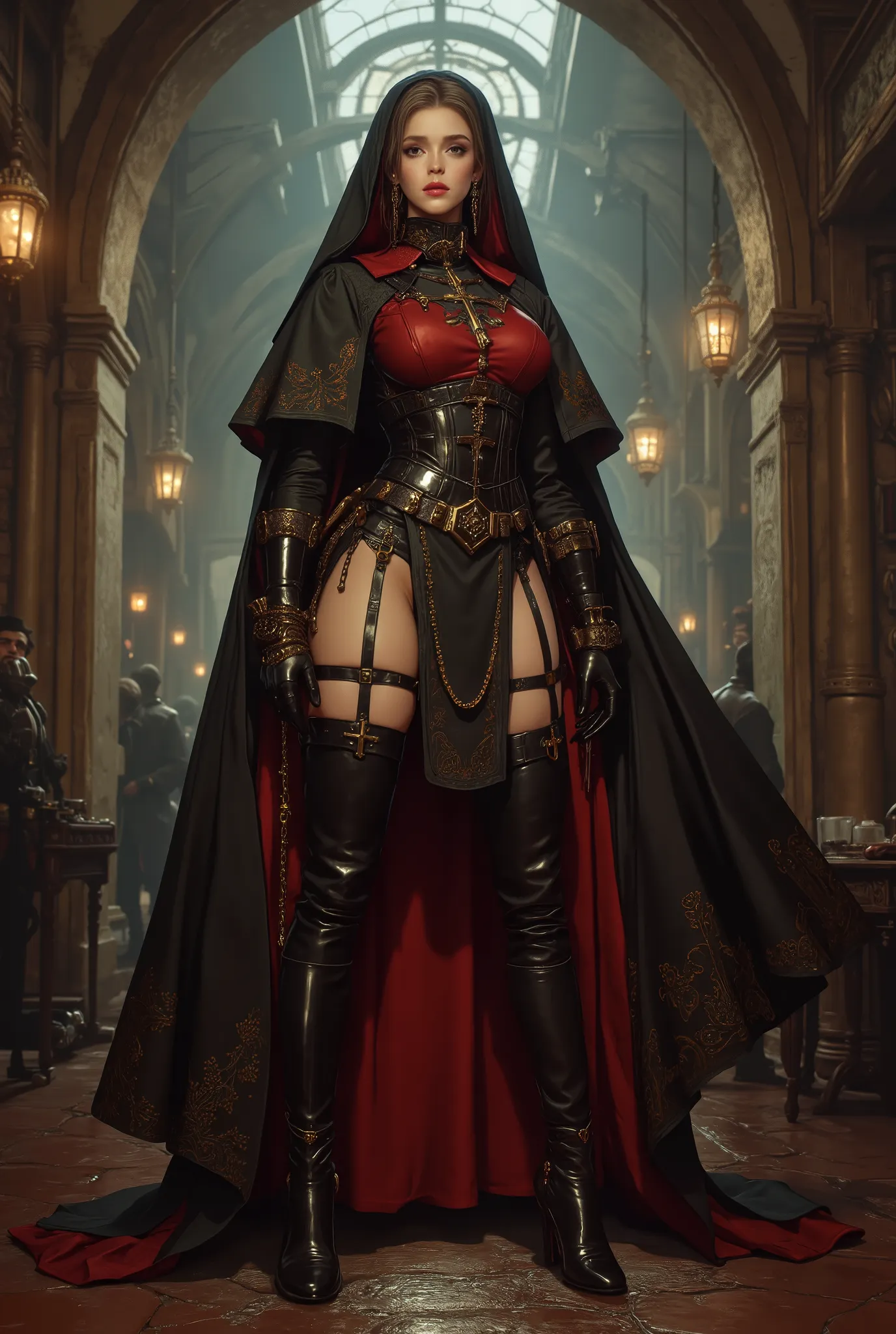 best quality,4k,8k,highres,masterpiece:1.2),ultra-detailed,(Ultra-realistic, photorealistic,photo-realistic:1.37), best quality, highres, 4k, 8k, amazing quality, Photo full portrait of photo real. black and red leather steampunk nun woman. black and red t...