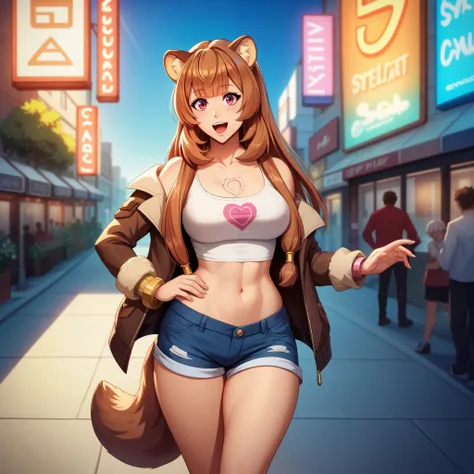 "raphtalia,  a 20-year-old woman with a voluptuous silhouette ,  walks around the city in an urban and daring outfit .  Her orange hair shines in the sun and her red eyes reflect the energy of the environment.  She wears a tight crop top and shorts from de...