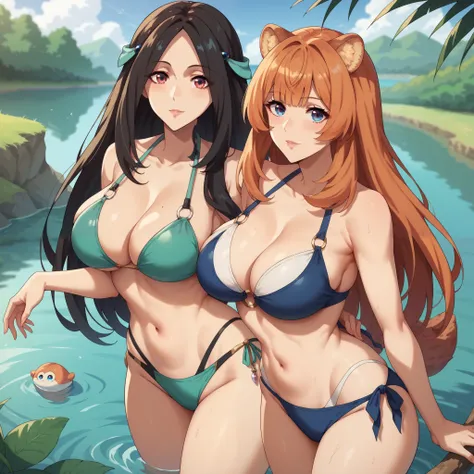 sadina, (Women)(30 YEARS).( big breasts) (  black hair  )(  blue eyes) ( big breasts), ( bikini blue). Are you walking with Raphtalia,( 25 years) ( orange hair , rounded bear ears ,  red eyes ),(  bikini red).  bottom of a lake.