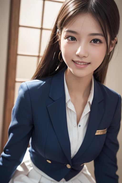 ((masterpiece, Best Quality, High resolution)), Japanese ******girl、(Realistic: 1.4), smile、Great face,Glossy Lips、******, ponytail、(Beautiful Hair:1.5), Japanese High School Uniform、Beautiful breasts、(Navy Blue Blazer、Navy blue jacket)、(White dress shirt)...