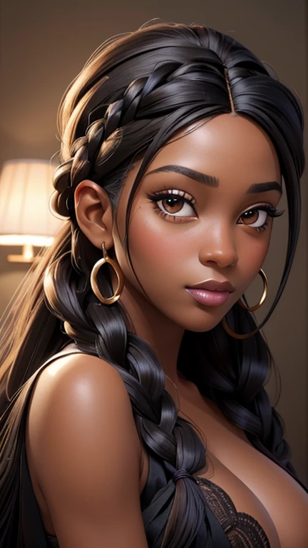 ( best quality,  masterpiece:1.2),  realistic, Detailed portrait of a black woman,braided wig close up , realistic oil painting,   vibrant colors,  Soft lighting ,  intricate brushstrokes , elegant pose,  expressive eyes , Loose hair,  delicate features,  ...