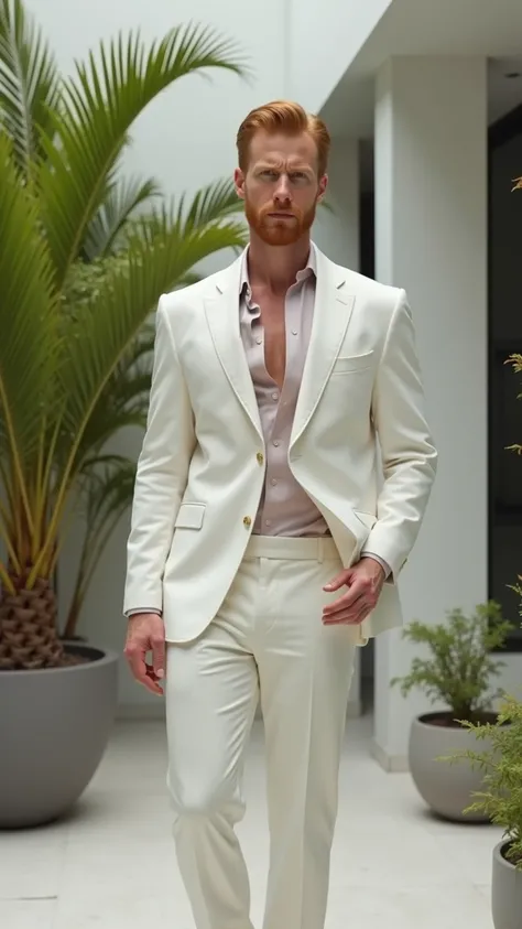 Camera shot: medium full shot,  slightly low angle ,  to emphasize presence and trust .  
 SUBJECT IN MOTION :  30-35 year old man , redhead,  light leather balcony, wearing a fuck boy ,  holding the lapel of his white jacket with one hand ,  looking at th...