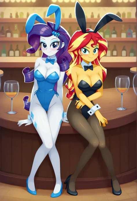 safe_pos, score_9, score_8_up, score_7_up BREAK sunset shimmer, rarity, duo, 2 girls, human, equestria girls, 1 girl, g4, BREAK large breasts, BREAK looking at you, inside of a bar, full body view, bunny suit , playboy bunny ears, high heels, leotard, look...