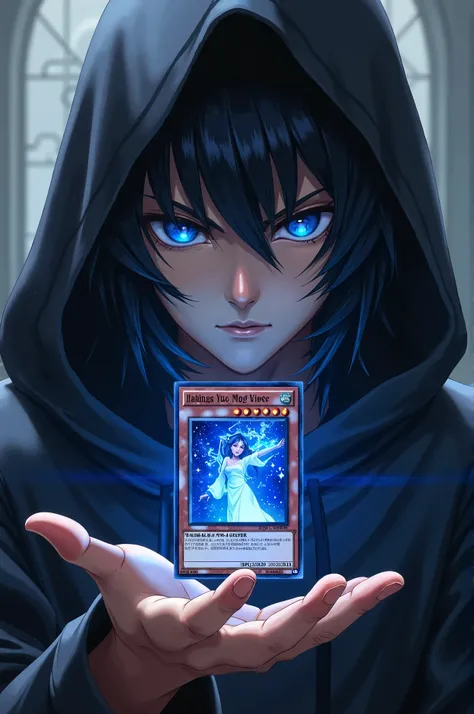 Handsome boy's face,blue eyes,Cloak,yugioh cards, long black hair. In his hand he has the card of the dark wizard girl.