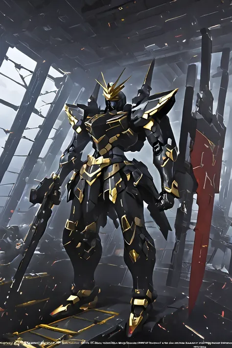 a large red, black and gold robot standing on top of a war ship, gundam box art, official splash art, white crown, inspired by Ding Guanpeng, arknights, the other is used for flight, spike shell, f/9, battle garments, one, very clear image, banshee