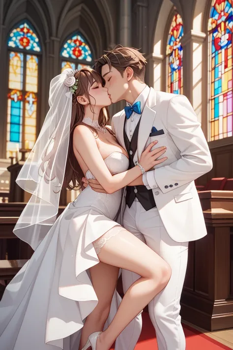  japanese woman、 brown hair、 woman in wedding dress wearing white pants、Chapel、church、 beautiful、 beauty、 high resolution, chest,  Hair, bangs,  best quality, Bare legs、 Man in a White Tuxedo{I'm wearing white pants}、Kiss、