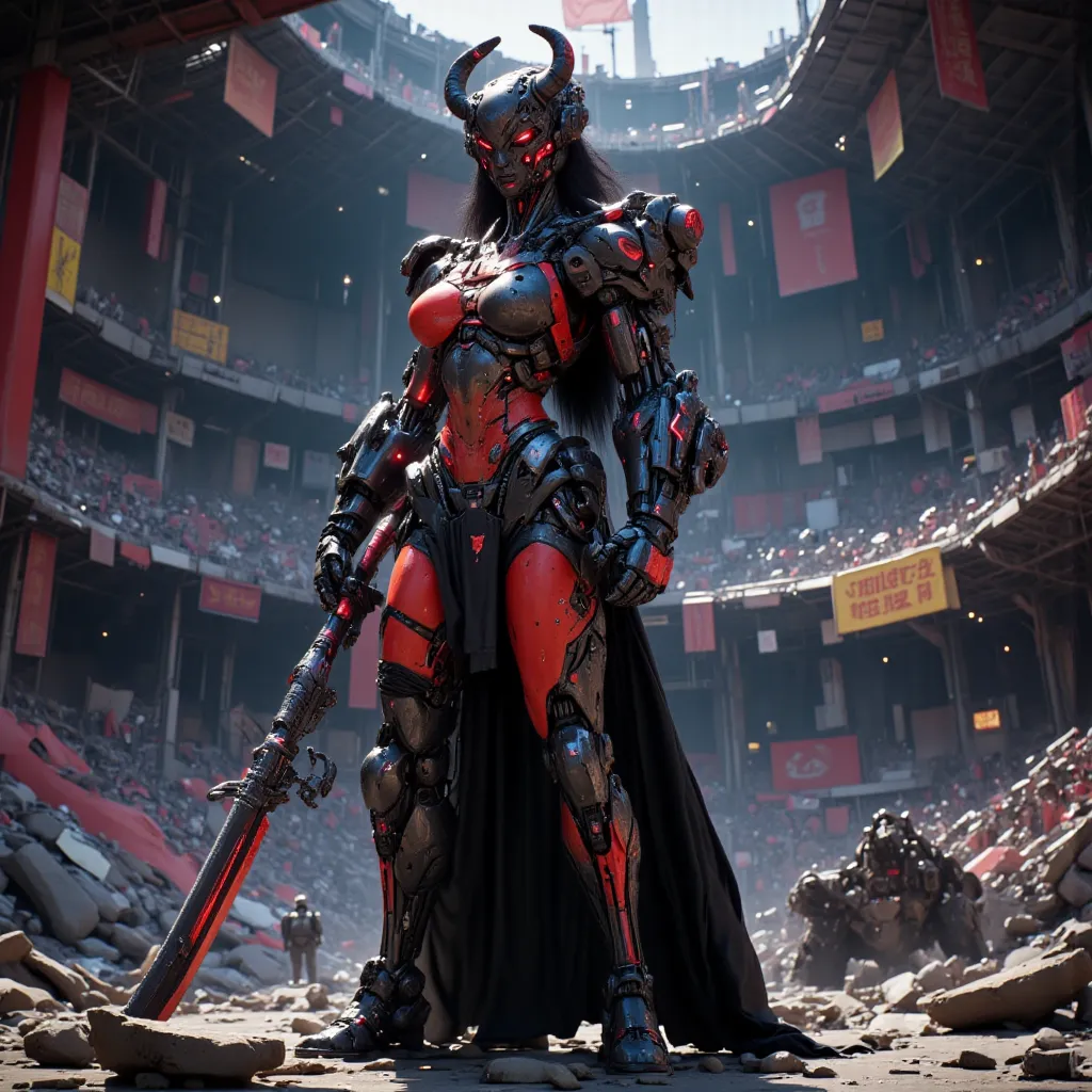 - Main Character, Adult Female "Honduras", Beautiful, Tall, Long Legs. Wearing a protective helmet with 2 horns.

- Wearing a costume ("Full Sexy Armor").
The Chest and Thigh Armor are slightly open.

Futuristic Costume Design.
Wearing a long Black robe, F...