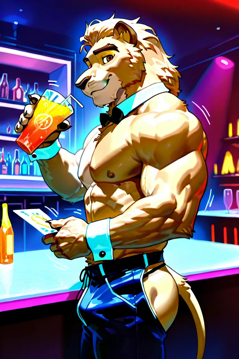 detailed background, detailed fur, cowboy shot, solo, 1boy, adult, anthro, male focus, topless, score_9, score_8_up, score_7_up, (Cornelius, Male, furry, Lion anthro, solo, Medium muscular lion, brown, light brown lion, feline, long brown pony tail hair, l...