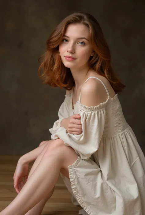 À genoux sur un plancher en bois, regarde le plafond fille aux cheveux roux clairs,  forced hug , Pale skin, fine cotton dress,  average person ,  blushing smile , regardant par-dessus l'épaule, curved frame 