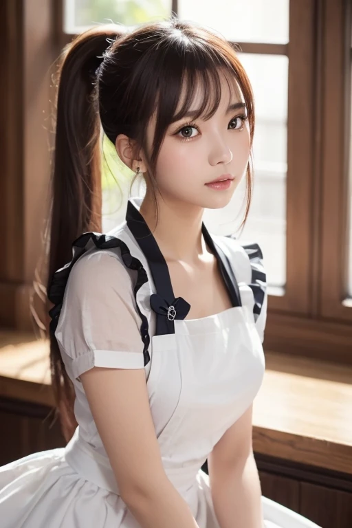 masterpiece,( top quality ,  illustration, detailed face :1.3),( 1 girl,Alone:1.3), beautiful detailed eyes,   apron,  gradation_background,  gradation, Maid,  purple eyes,red hair, small breasts,, break, enMaided, white_ apron, black_ dress,  ponytail, bl...