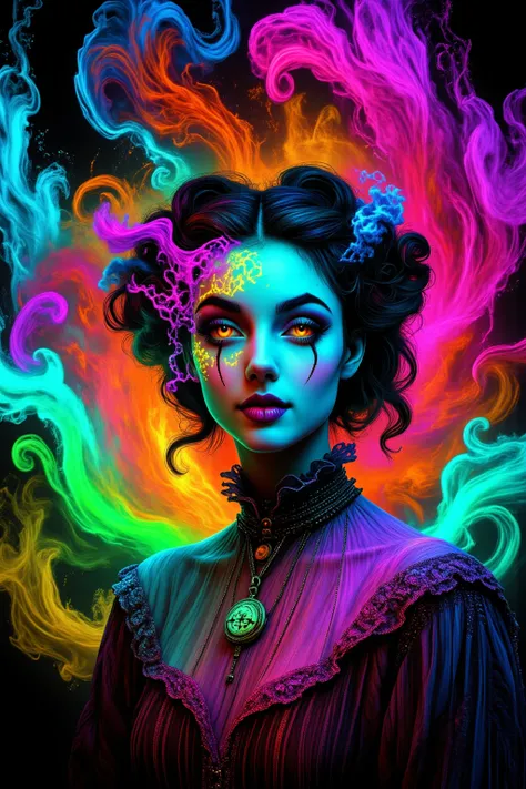 Take this image and exaggerate the swirl lines around the girl, while infusing lots of  vibrant neon bioluminescent colors in the swirls as well. Make the girl look more realistic and more attractive. Surrealism, asthetically incredible, light display, lit...