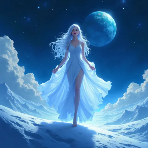 Io the Goddess of the Moon, walking on the blue moon while observing planet Earth from afar.  anime style.