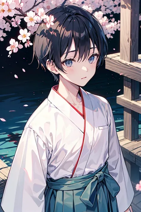 　 boys　Light blue hakama　garden　 plum blossom　 upper body　The undershirt is white　shrine　 black hair