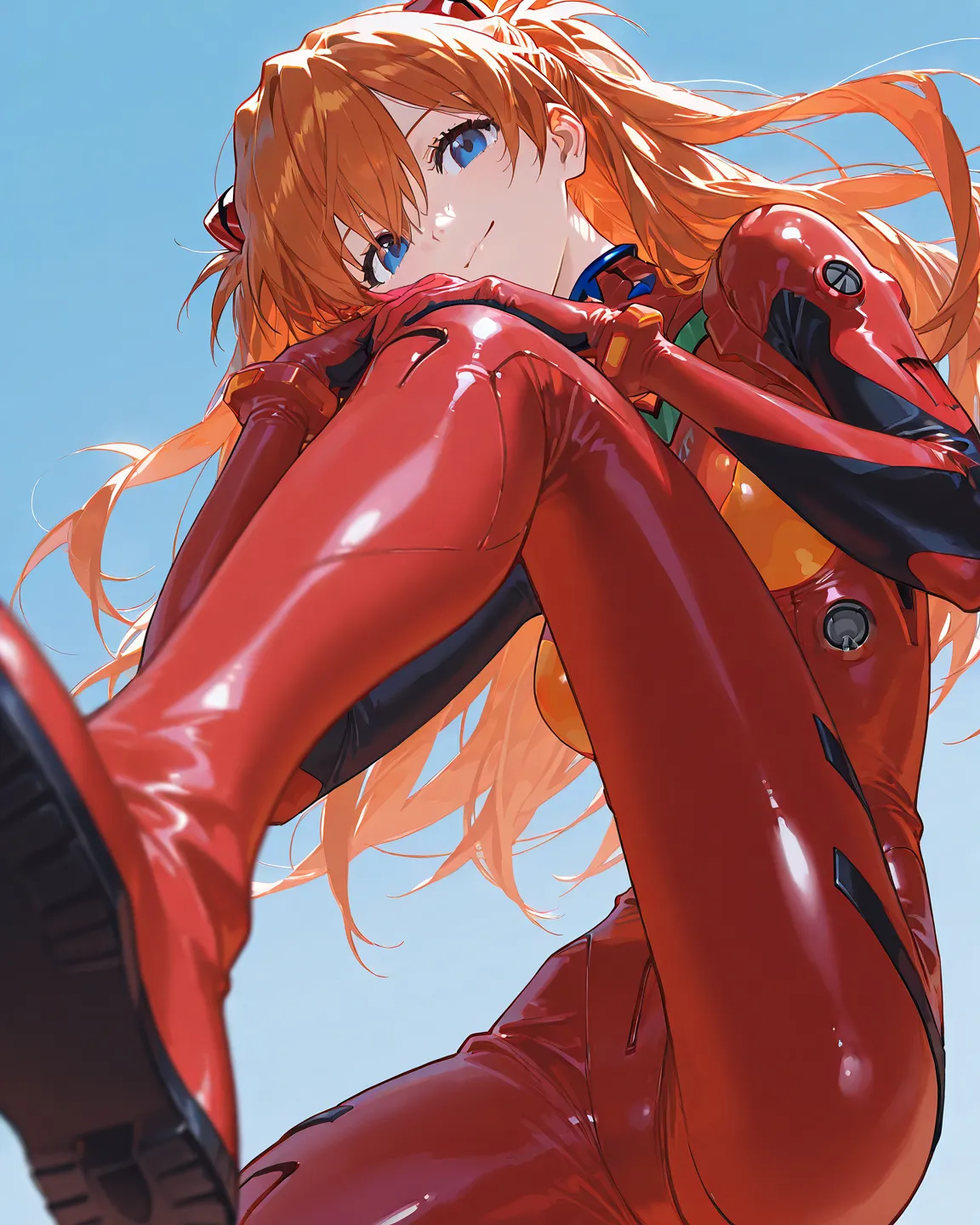     top quality,        masterpiece,           8k Wallpaper、    latest,        masterpiece、   woman 1 person、          Rebuilding Sōryu Asuka Langley    、 orange hair、   blue eyes、        red plug suit、     (neck to foot plug suit)Light blue background   、...