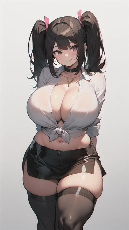 Highres, best quality, perfect anatomy, perfect legs, perfect arms, perfect face
,
1 girl, (young girl), twin tails, black hair, black eyes, pale skin, shiny skin, perfect body, (young girl), (curvy:1.3), (cute face), (round face), (curvy), (saggy breasts:...