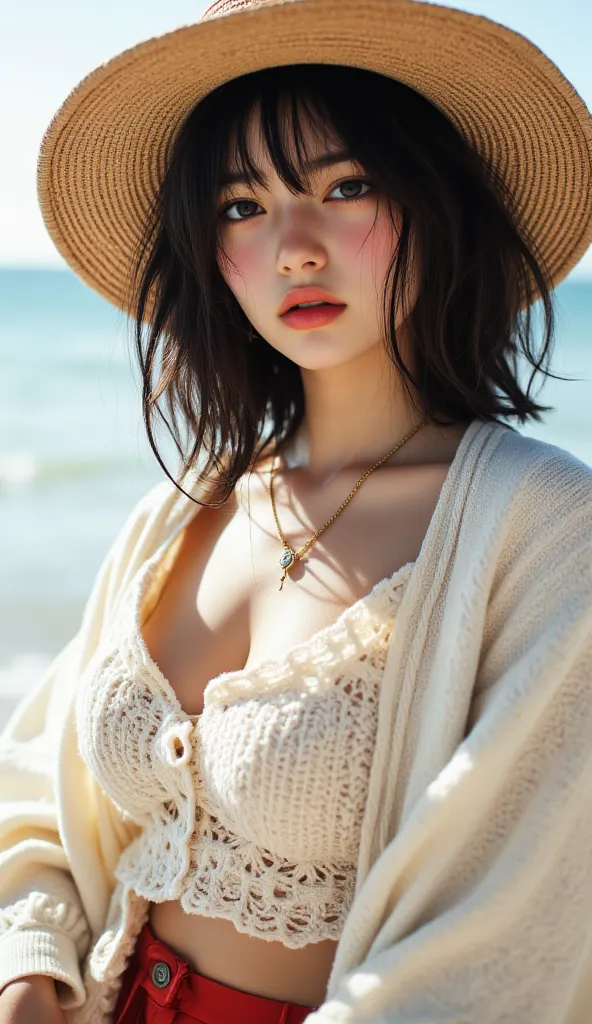 8k,  masterpiece,  best quality,  Beautiful Korean Women , close-up,   low angle,   with dark hair,   Short Bob,  Wavy,  wide brim hat, ,  brown,  beige,   CREAM CARDIGAN , ruffle top , race,  Embellishment ,  Red Accent ,  gold accent,  chain on hand, cod...