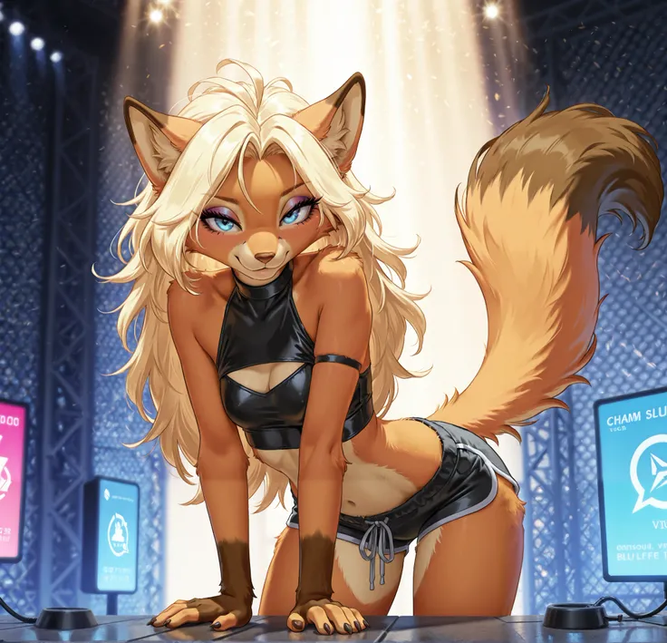 masterpiece, best quality, amazing quality, very aesthetic, high resolution, ultra-detailed, absurdres, newest, scenery, fluffy fur tufts, anthro, , Cham, anthro furry fox girl, blue eyes, orange fur, cheek fluff, eyelashes, eyeshadow, facial tuft, long bl...