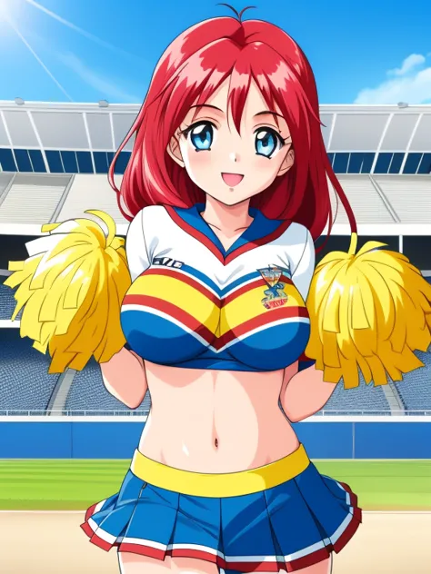 Snow White ,  one girl ,  only girls with red hair  , smile ,  blue eyes ,  accurately  ,  look straight here , full color ,  big boobs, cheerleader,Cheer at the stadium 