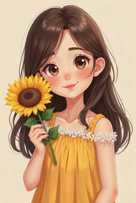 Create an avatar of a young brunette girl, of straight hair with dark brown color, with her brown eyes wearing a beautiful dress and cheerful with a serene smile with a sunflower flower in her hand on a neutral background