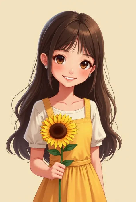 Create an avatar of a young brunette girl, of straight hair with dark brown color, with her brown eyes wearing a beautiful dress and cheerful with a serene smile with a sunflower flower in her hand on a neutral background