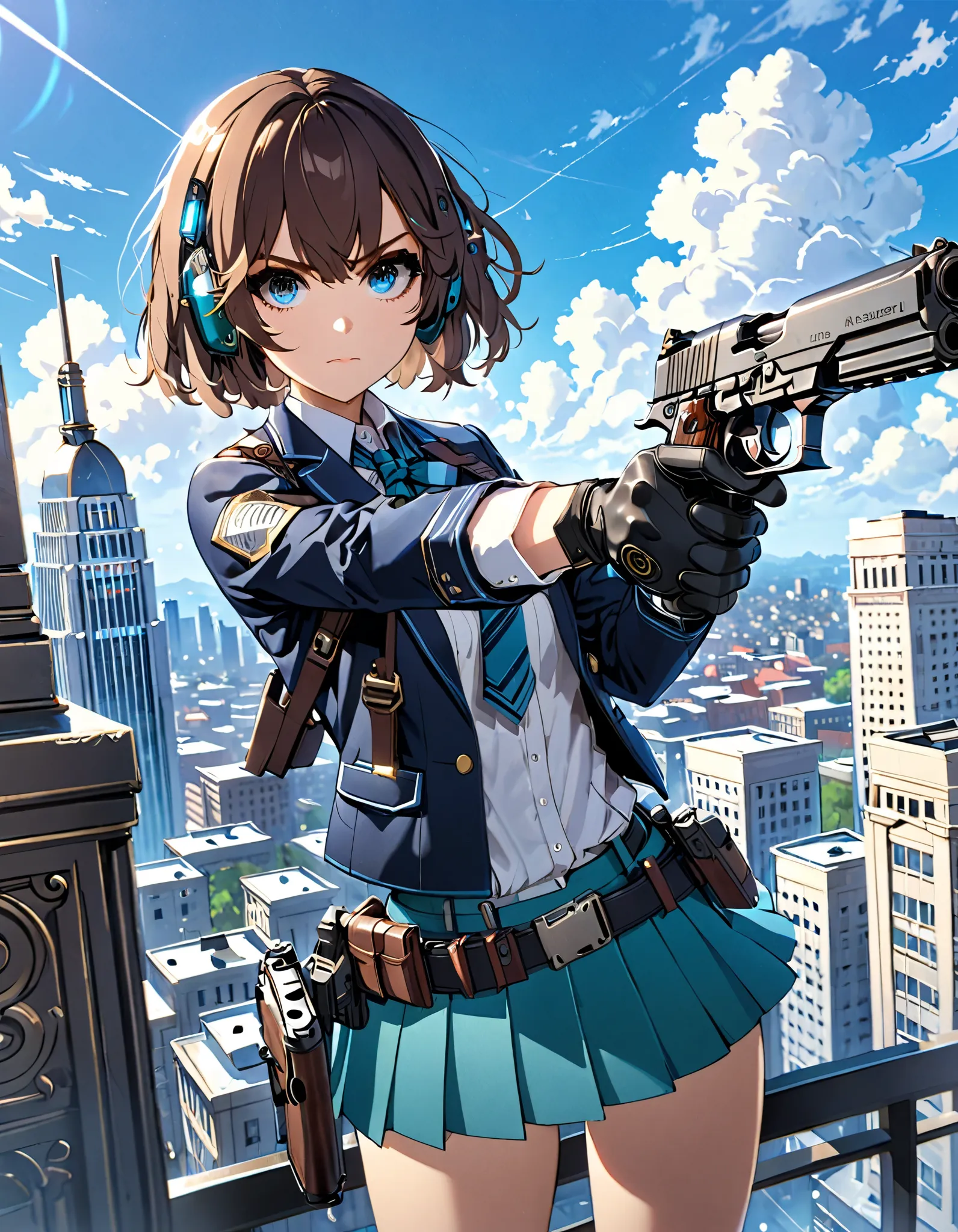 masterpiece, high quality, high res, highly detailed, 8k, 1girl, slo, an anime girl in a white and blue high school uniform dual welding and aiming pistols, 1girl, aiming, black gloves, teal blue eyes, blue sky, brown hair, building, city, cityscape, cloud...