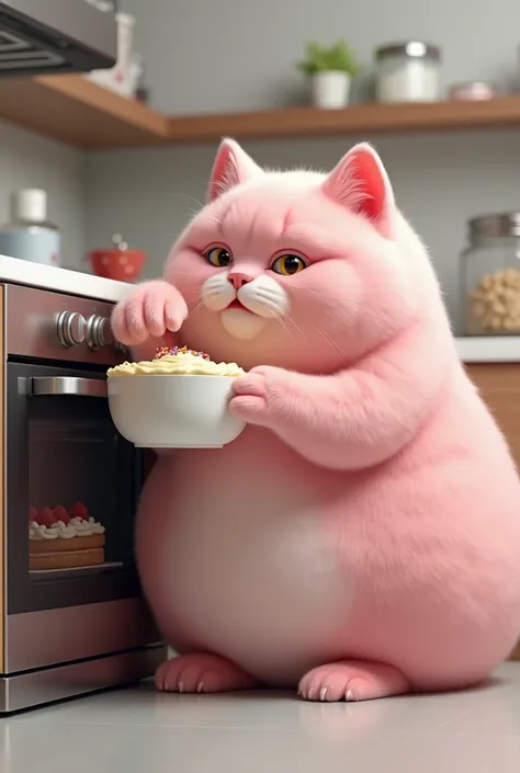 Create an image of a fat pink furry cat placing the cake batter to bake in the oven of his modern stove..