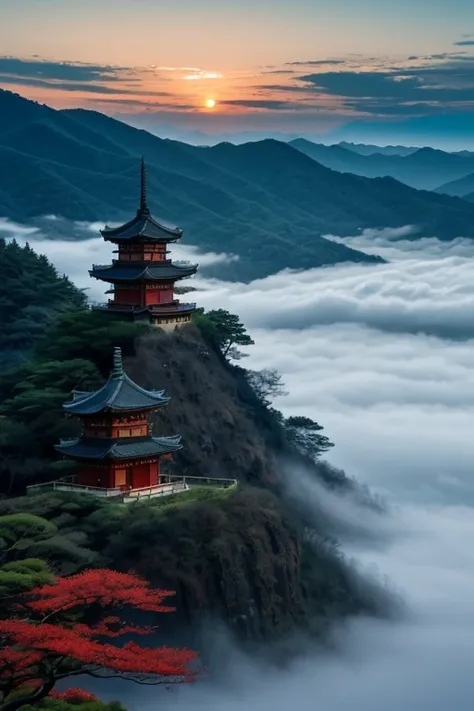 Japanese castles during the Warring States period, Night atmosphere, Foggy landscape, Powerful viewpoint