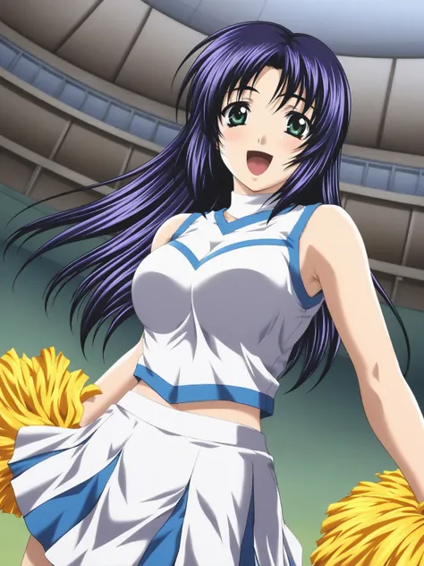 masterpiece, best quality, KanouMiho, 1girl, solo, long hair, blue hair, green eyes, large breasts, happy, smile, cheerleader, stadium, dynamic angle, cinematic angle, movie angle, 