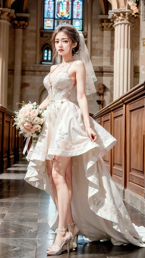 A beautiful young Japanese woman, 26 years old, with healthy thighs, beautiful legs, flawless skin, random hair color and style, large breasts, wearing a (wedding dress:1.3), (she is standing:1.2), full body shot, high heels, holding a bouquet in her hands...