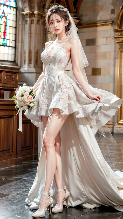 A beautiful young Japanese woman, 26 years old, with healthy thighs, beautiful legs, flawless skin, random hair color and style, large breasts, wearing a (wedding dress:1.3), (she is standing:1.2), full body shot, high heels, holding a bouquet in her hands...