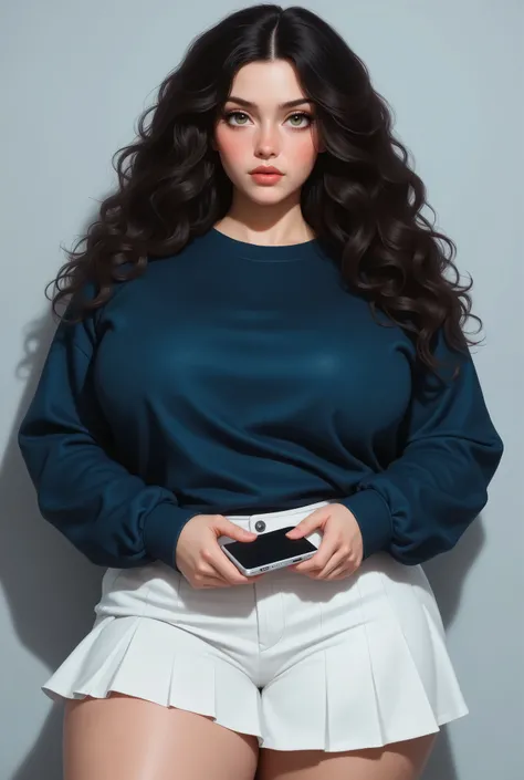 19 year old chubby girl, she has protruding curves with full breasts, she has long curly dark hair, her eyes are green and she has a very full mouth, she wears a dark blue sweatshirt and a white schoolgirl skirt, she is looking forward, she holds a cell ph...