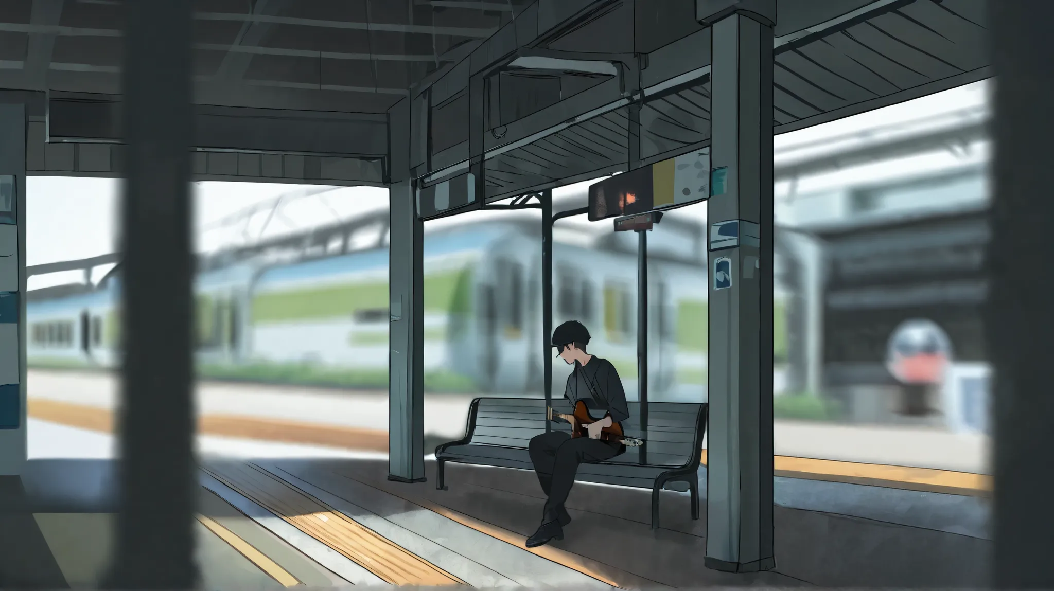 Sit on a bench far from the station platform　Hold up the guitar and sit on the bench on the platform at 　A man is singing a song　The background is blurred　The train is next to the outside