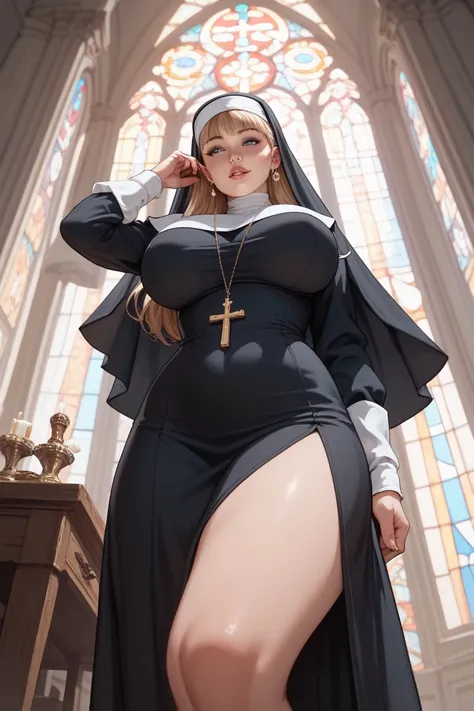  20-year-old nun ,  big breasts,  big glue,  thin. View from below with the legs between open 