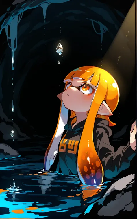 [by rebecca \(keinelove\):0.25,by tsukishiro saika,by kotorai],inkling girl, splatoon \(series\), 1girl, pointy ears, tentacle hair, long hair, orange hair, blunt bangs,simple background, luminous lighting, underground,looking up, volumetric lighting, drop...