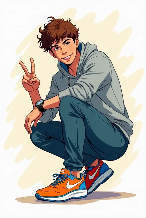 An anime-style illustration of a young adult male, approximately 28 to 30 years old, crouching in a dynamic pose. He is making a victory V-sign (✌🏻) with his right hand and has a confident, relaxed expression. He has curly, chestnut-brown hair and is weari...