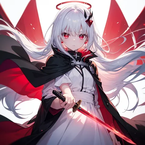 a woman in a white dress and black cape holding a sword, anime style like fate/stay night, with red glowing eyes, demon anime girl, gapmoe yandere grimdark, with glowing red eyes, zero two, with a red halo over her head, gapmoe yandere, white haired deity,...