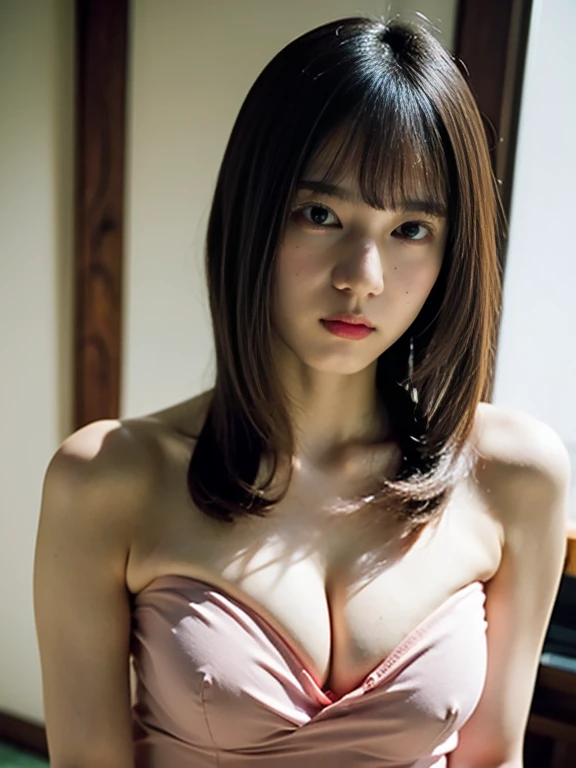 nsfw,one woman,(super tight clothes,nit strapless dress),whole body,(:1.8),cute face,bangs,from front,looking at viewer, indoor,hotel,high quality,photorealistic,masterpiece,highly detailed,japanese
