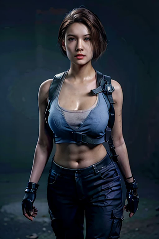 masterpiece, best quality, 1 girl, ada wong from Game Resident Evil Remake with face asian like pornstars nuked sexy, blonde hair, ponytail, blue eyes, vest with no bra, boots, hot dress, breasts large chest, cleavage, fingerless gloves, midriff, navel, pa...