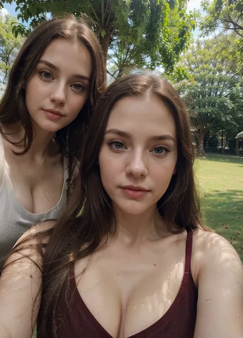 Selfie, Ultrarealistic, pretty face, pale skin, Long Straight brown Hair, Blue Eyes, cleavage, wearing a Red top, (selfy with front camera), upper body, in a park, with old bald man next to her, (old man next to her) 