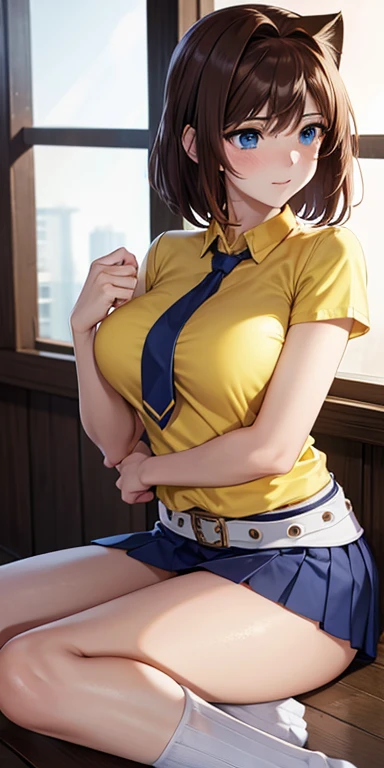   1 female,  high definition,  high resolution ,    ultra-realistic    ,8K, aamazaki, ( capillary antenna :1.2),  blue tie,blue eyes,falda rosa,((  miniskirt)),((  yellow shirt)),  belt,European,sexy,  Close-up of the upper body ,  photographed from the fr...