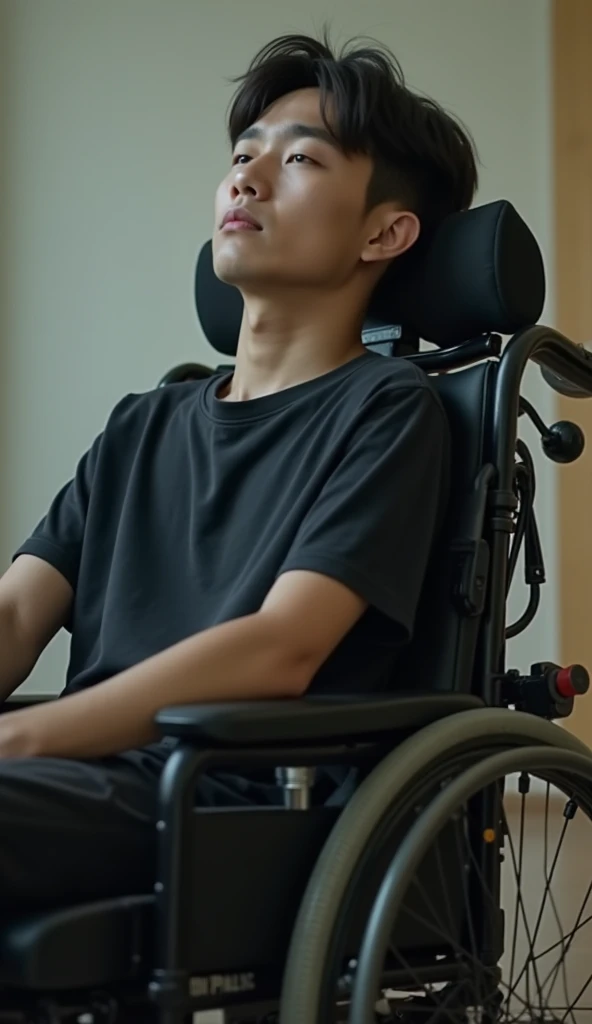 Half body shot of handsome young Korean man in his 20s, almost lying on a big, heavy motorized wheelchair. Can’t move any part of his body, so the wheelchair is very big and complicate and fit in his delicate body. Since he can’t sit, the wheelchair looks ...