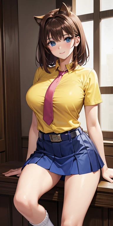   1 female,  high definition,  high resolution ,    ultra-realistic    ,8K, aamazaki, ( capillary antenna :1.2),  blue tie,blue eyes,falda rosa,((  miniskirt)),((  yellow shirt)),  belt,European,sexy,  Close-up of the upper body ,  photographed from the fr...