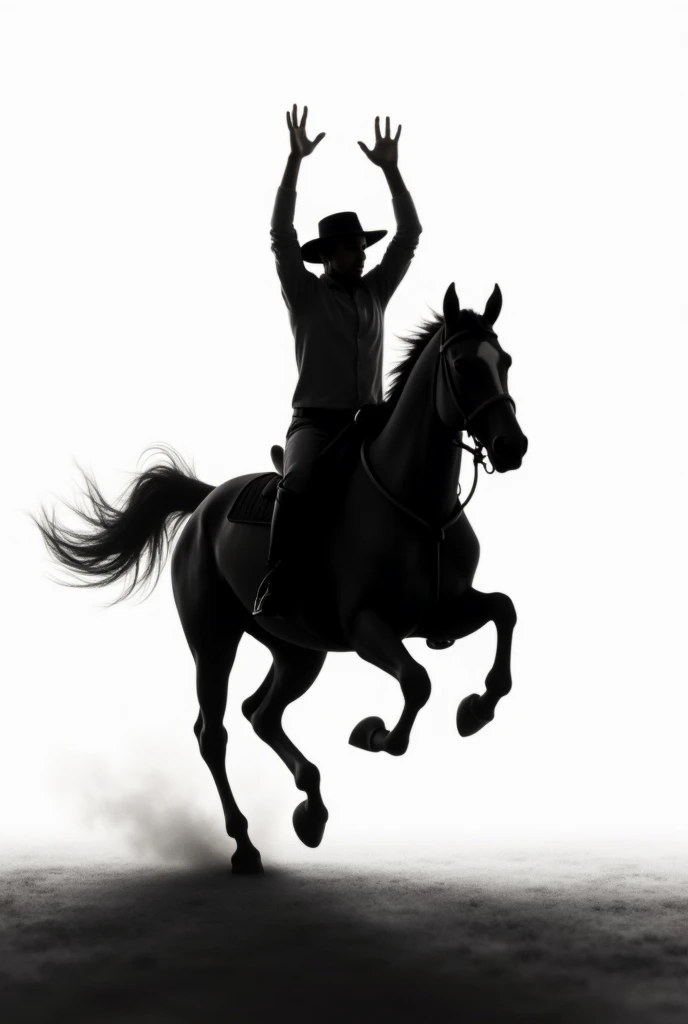 Silhouettes of a running horse and rider holding hands up with a pencil 