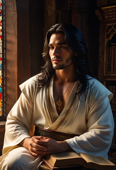  Character Visual :  A very beautiful man ,  with long silky black hair that reaches the waist . Very long hair. their eyes are piercing blue,  transmitting a mixture of serenity and seduction .  He displays a soft smile ,  always on the verge of provocati...