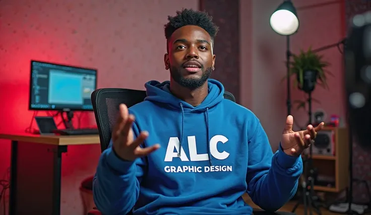 Un jeune Africain assis sur une chaise dans son studio YouTube moderne, portant un sweat à capuche  bleu + blanc avec le texte "ALC GRAPHIC DESIGN" écrit dessus. Il regarde vers l’avant bien de face caméra avec une expression claire et confiante, utilisant...